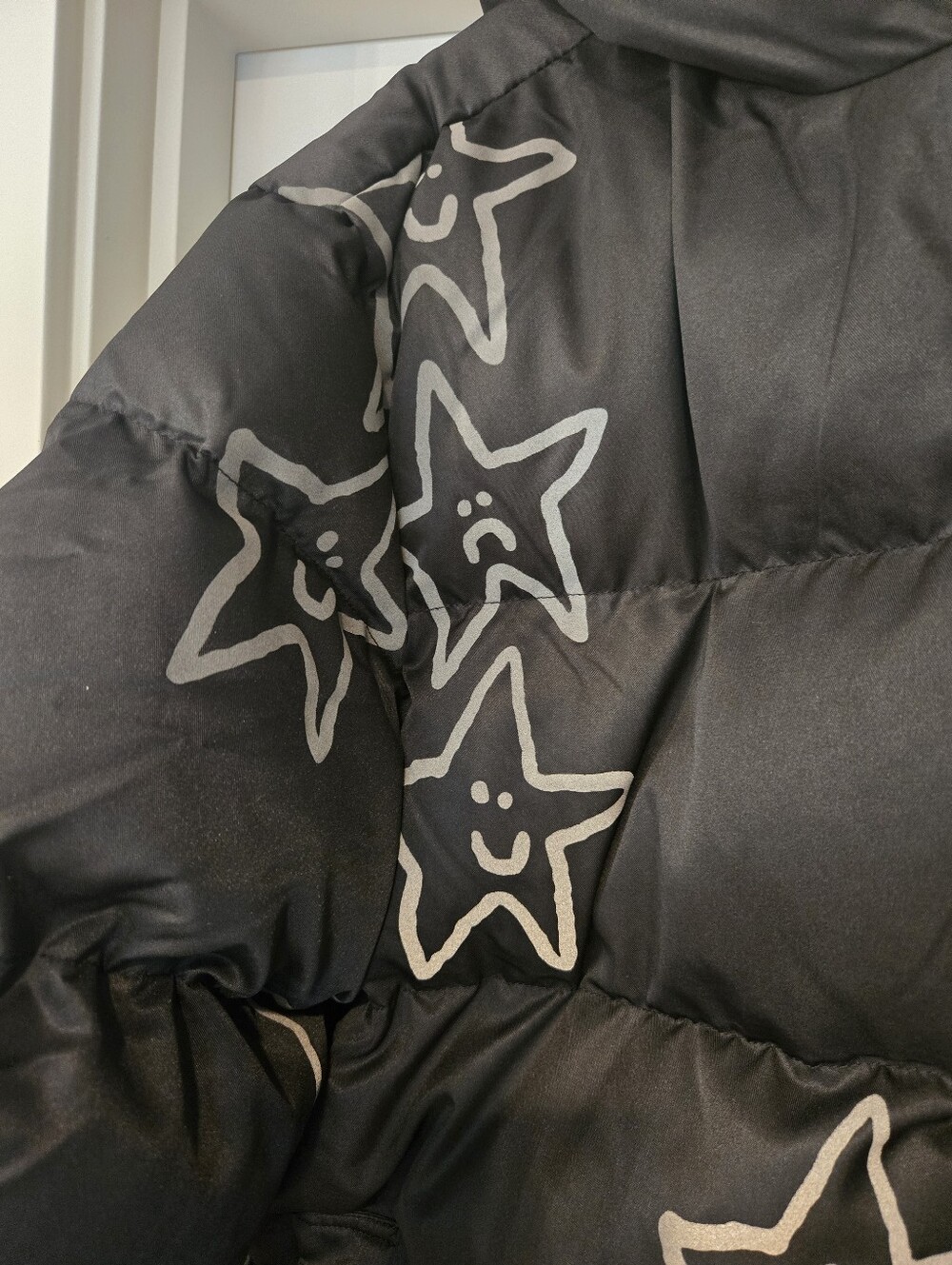 NWT! Lazy Oaf Happy Sad Reflective Print Longline Puffer Coat. Size S - Picture 13 of 16